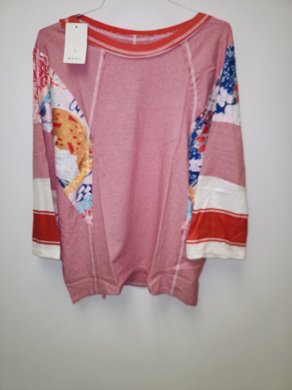 Charming Charlie Striped Floral Patchwork Round Neck Top Large